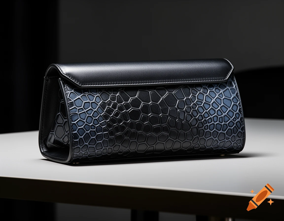 A sleek black leather clutch bag with a subtle, geometric textured pattern sits on a light surface against a dark background.