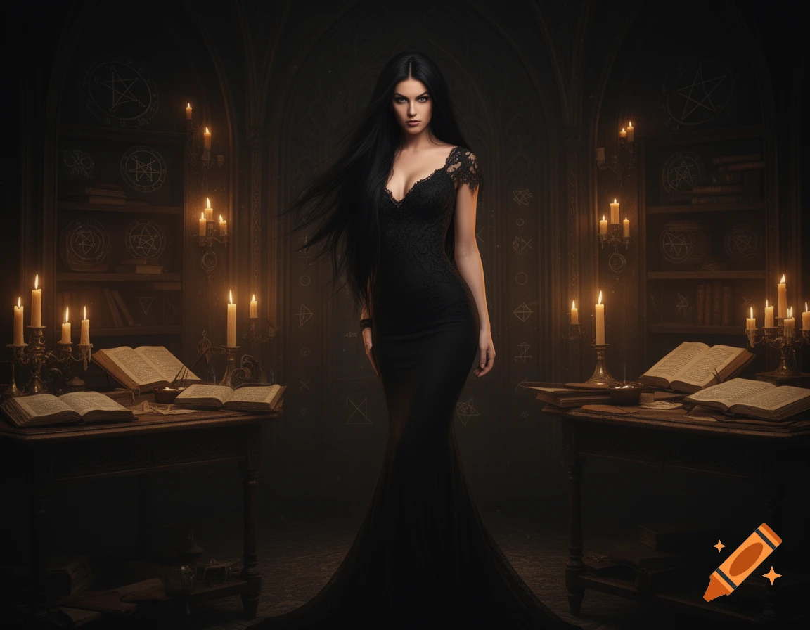 A woman with long dark hair in a black lace dress stands in a dark ...