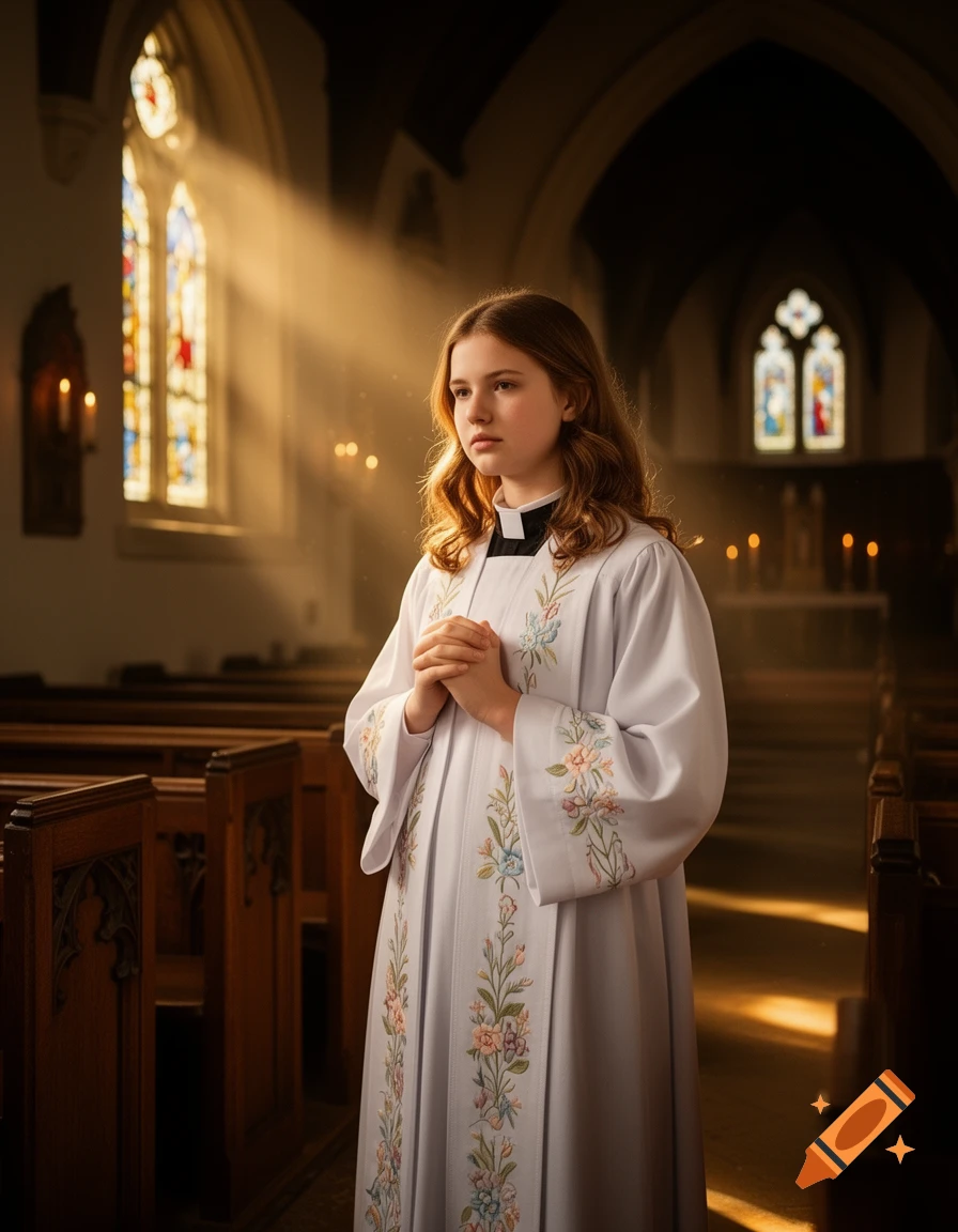 A young girl in a white embroidered alb and clerical collar stands in a sunlit church with hands clasped, looking thoughtful. Photorealistic.
