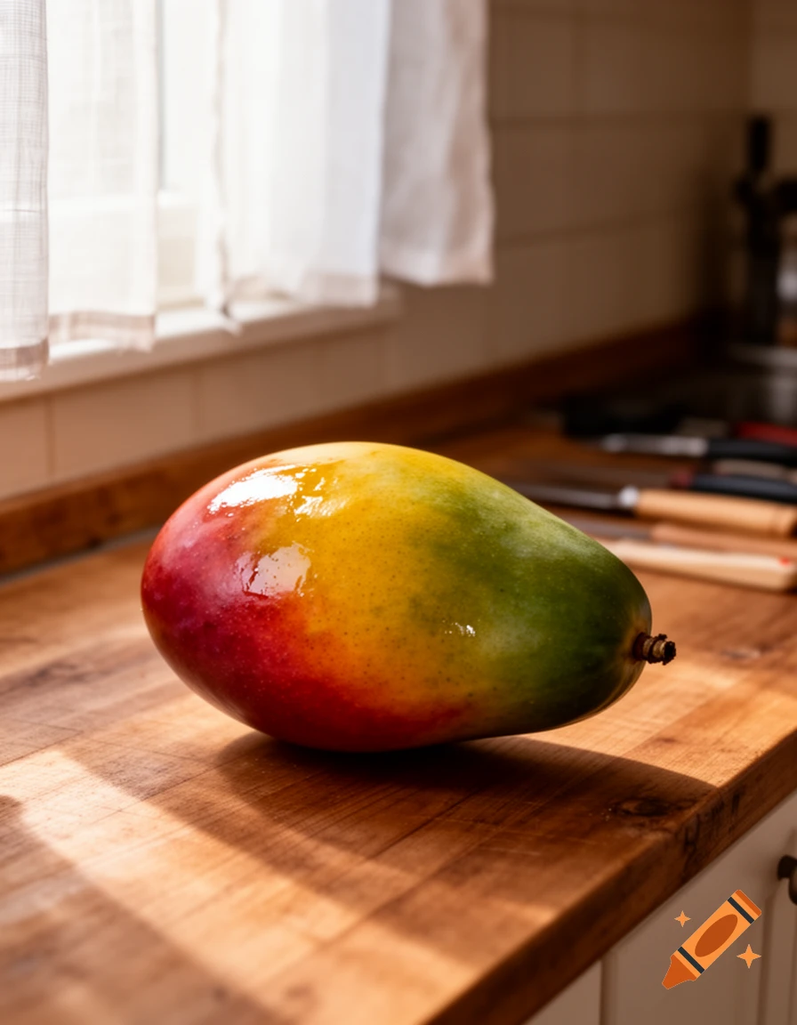A shiny, ripe mango with red, yellow, and green skin sits on a wooden kitchen counter, bathed in sunlight.