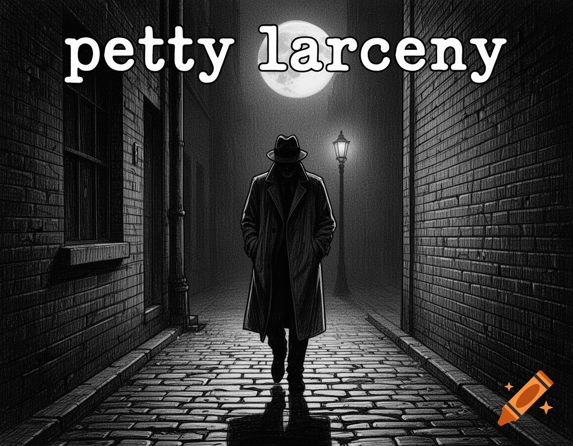 Black and white illustration of a mysterious figure in a trench coat and fedora walking down a dark cobbled alley under a full moon, with 'petty larceny' written above.