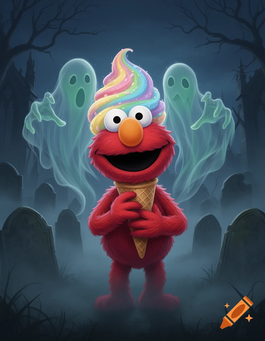 Cartoon Elmo with rainbow ice cream on his head stands smiling in a foggy graveyard with two green ghosts.