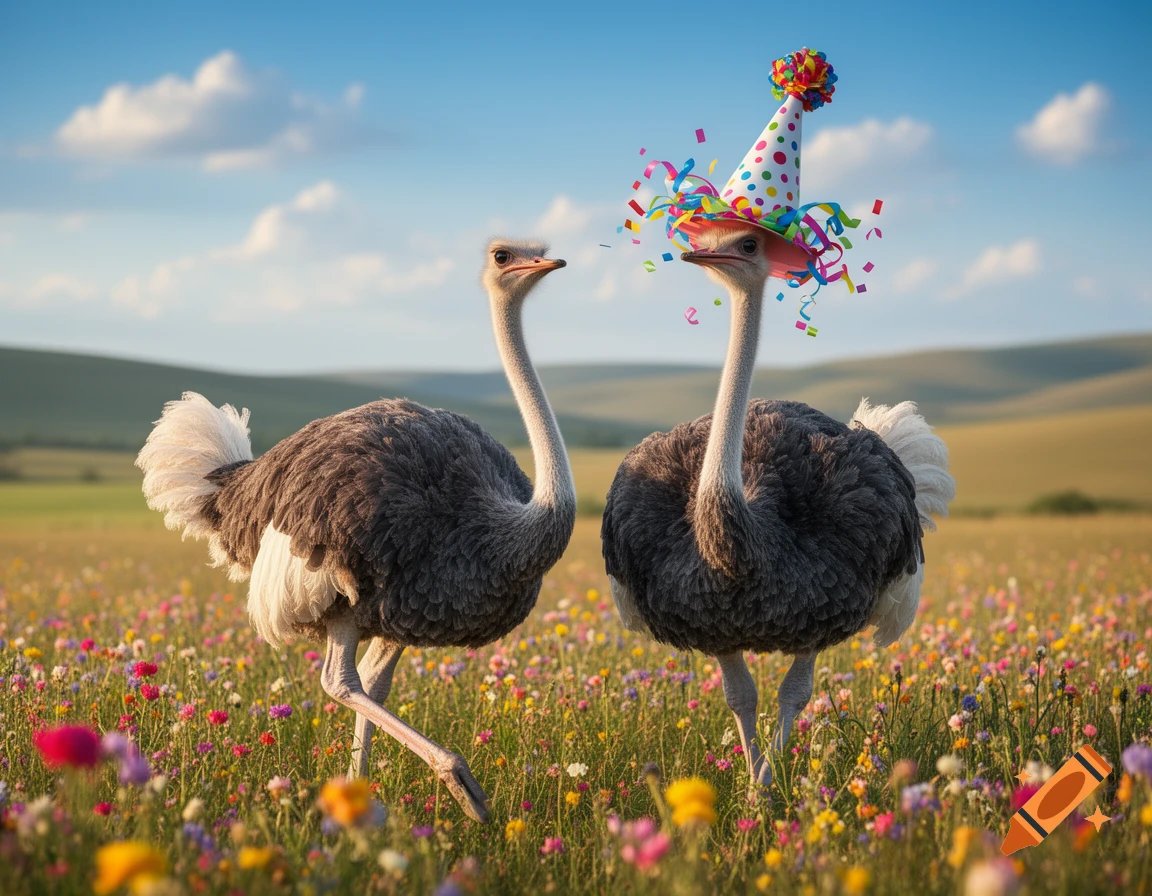 Two photorealistic ostriches in a vibrant wildflower field, one wearing a colorful polka-dotted birthday hat.