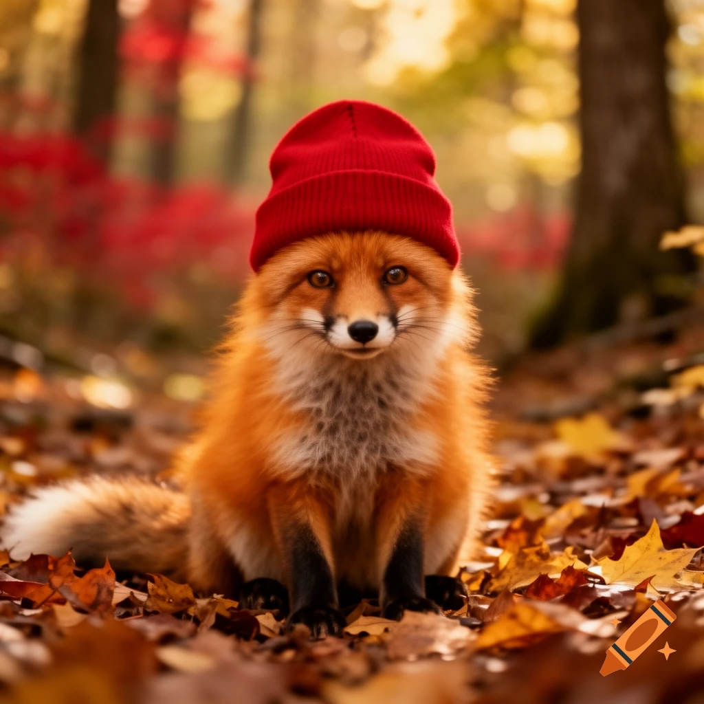 A cute fox wearing a red beanie sits among fallen autumn leaves in a forest, looking at the viewer.