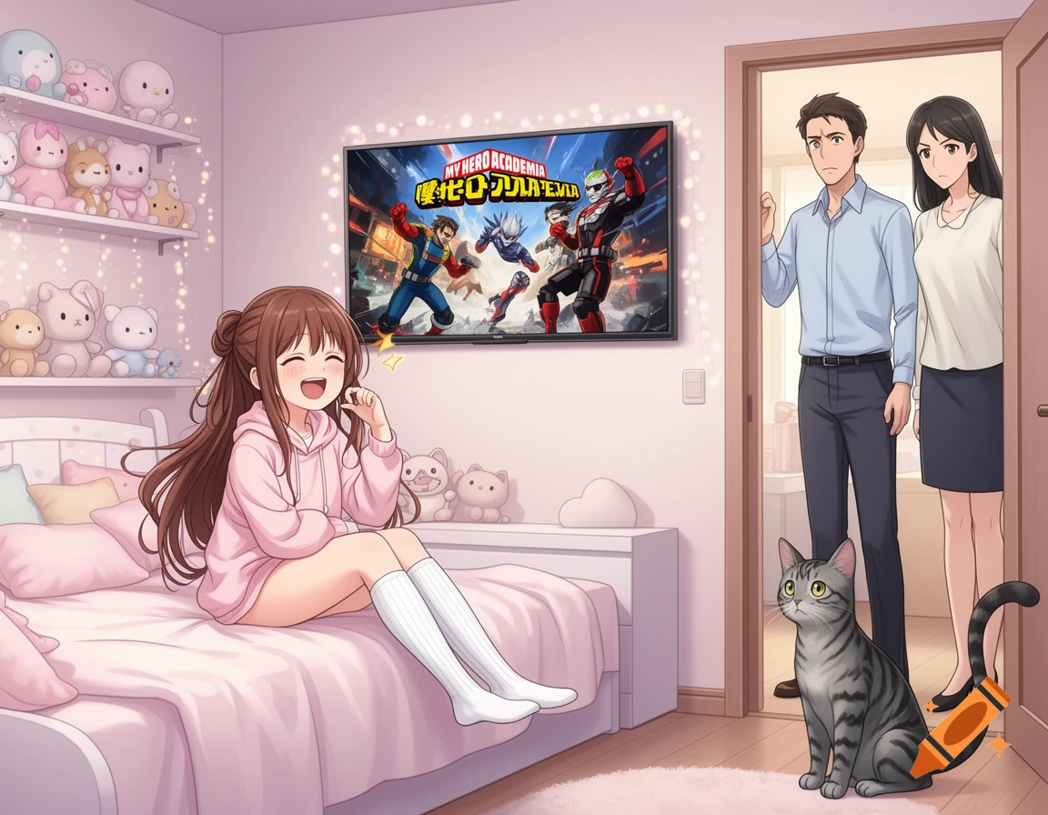 An anime girl on a pink bed laughs while watching My Hero Academia on TV, as her parents and a cat observe from the doorway.