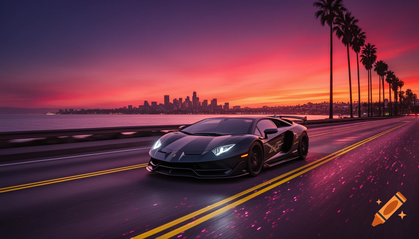 Photorealistic image of a matte black Lamborghini Aventador SVJ on a coastal highway at a dramatic sunset with a city skyline.