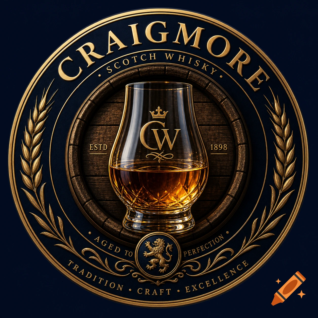 Elegant gold and navy circular Craigmore Scotch Whisky logo with a glencairn glass of amber whisky, oak barrel, and wheat accents.