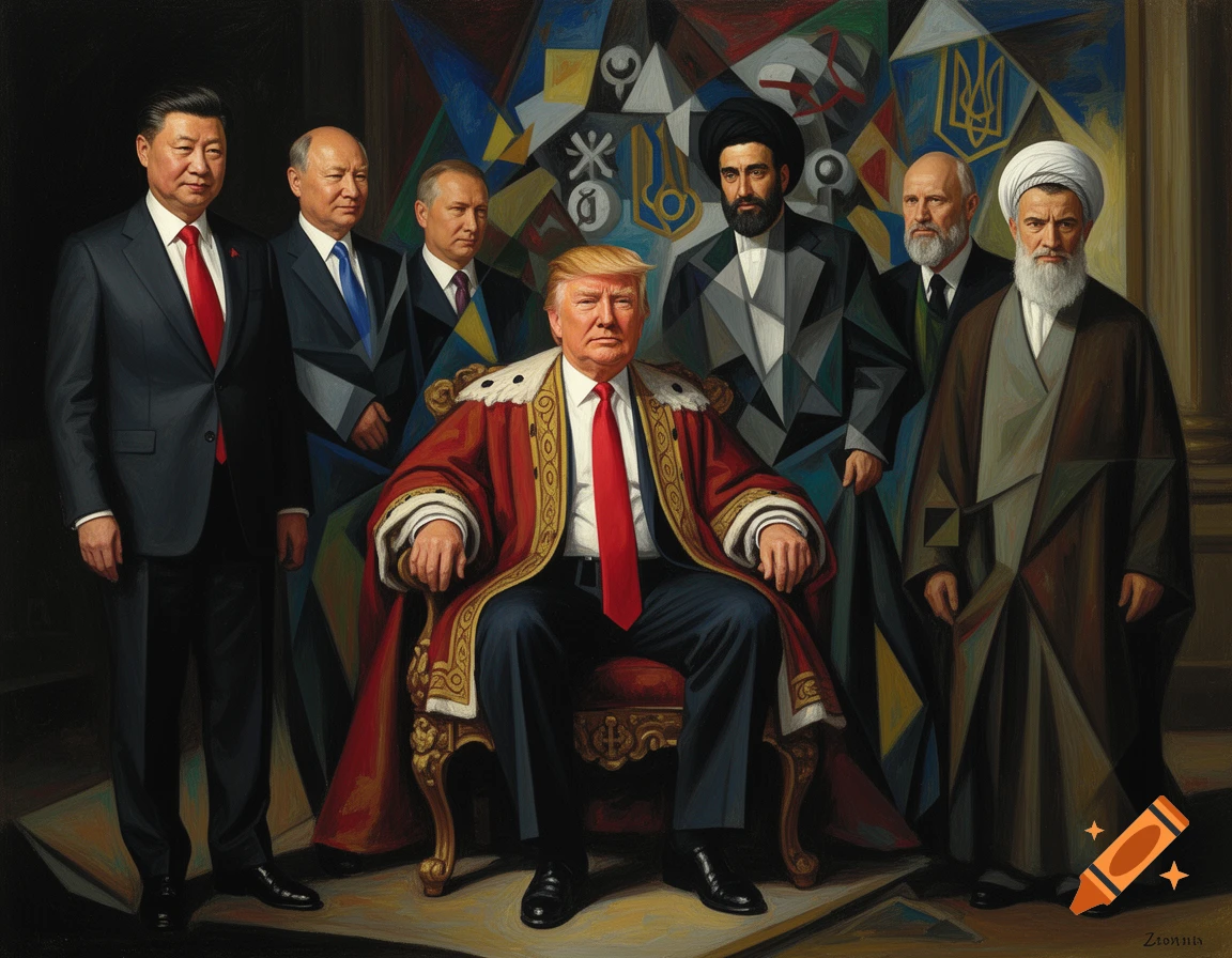 Painting of Donald Trump on a throne surrounded by Xi Jinping, Vladimir Putin, and Middle Eastern religious leaders against a cubist background.