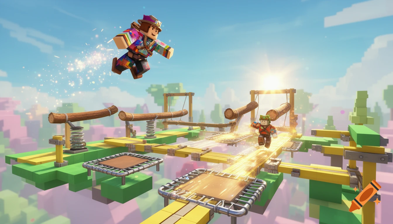 Blocky characters navigate a colorful obstacle course in a bright, cartoonish world. One character leaps high, while another runs on platforms with trampolines and logs.