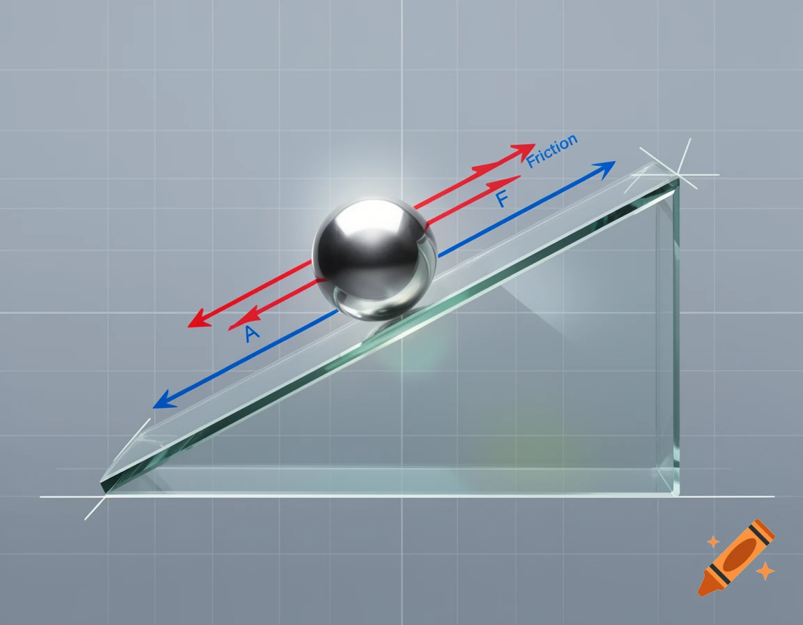 A 3D physics diagram showing a metallic sphere on a transparent inclined plane with labeled red and blue force arrows on a grid background.