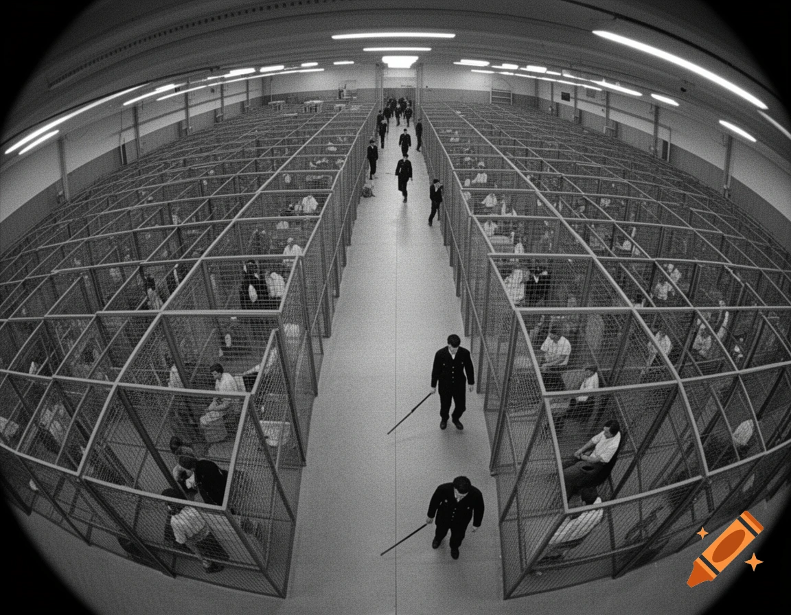 High-angle, fisheye view of a vast, black and white warehouse. People are confined in numerous square cages, guarded by men with sticks in the aisles.