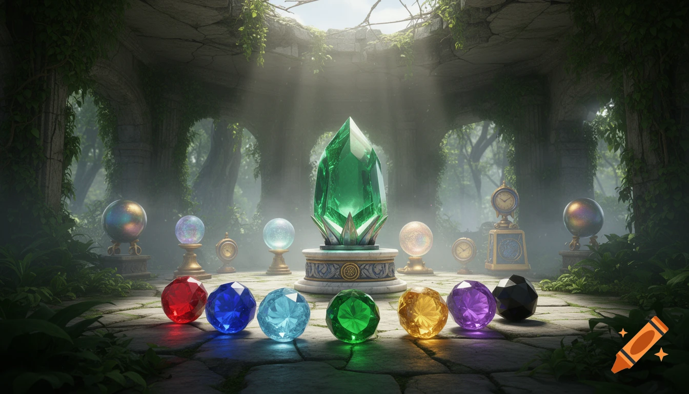 A large green crystal sits on a pedestal in an overgrown ruin, surrounded by colorful glowing gems, orbs, and clocks under sun rays.