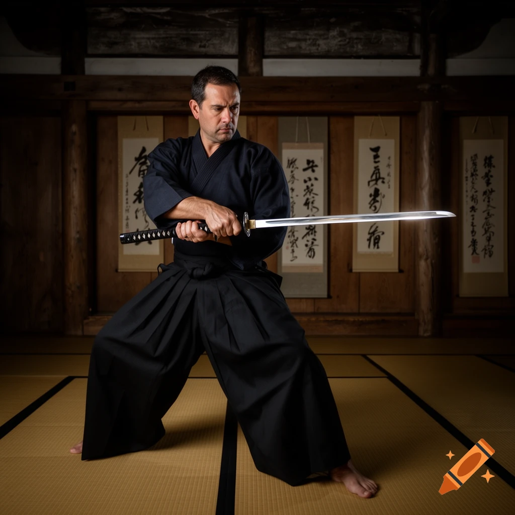 A man in black traditional Japanese attire holds a katana in a martial arts stance on tatami mats in a traditional room.