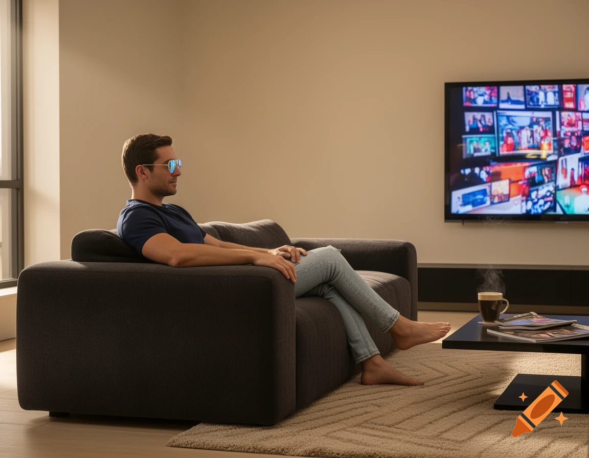 A man in a t-shirt and jeans sits barefoot on a dark gray sofa, watching a large wall-mounted TV in a modern living room.