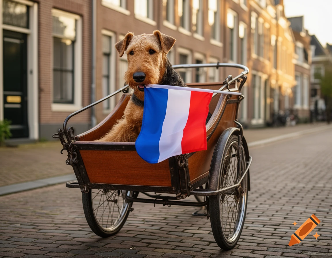 Airedale terrier in a wooden bicycle cart holding a Dutch flag in its mouth on a cobblestone street.