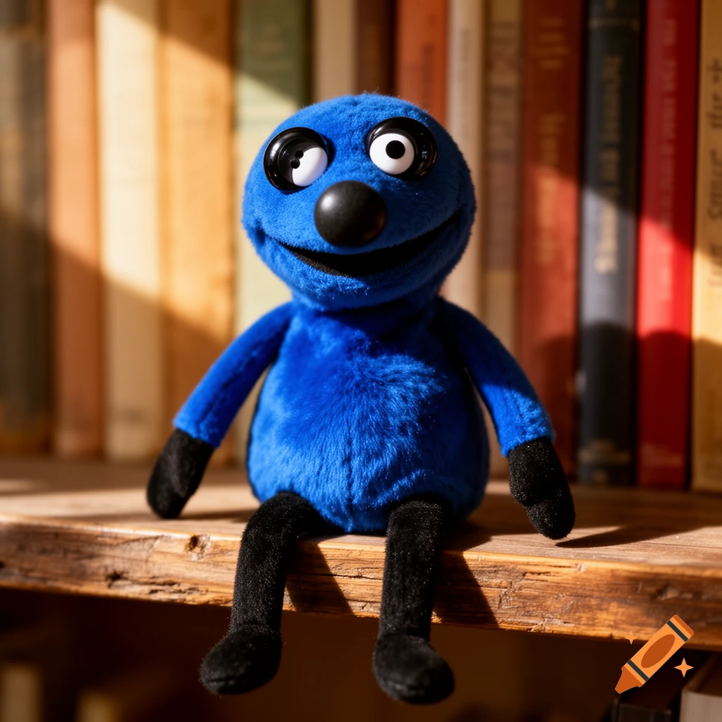A fuzzy blue puppet with black arms, legs, and nose sits on a wooden shelf in front of blurred books, in a photorealistic style.