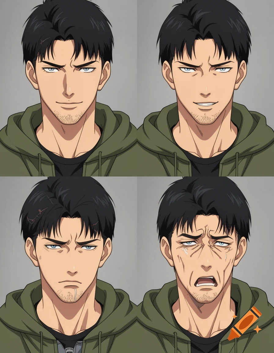 Four anime-style portraits of a man with black hair, stubble, and an olive green hoodie, showing stoic, smirking, serious, and crying expressions.