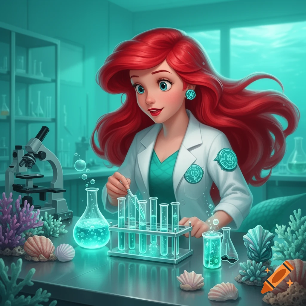 Princess Ariel, with red hair, wears a lab coat and works with glowing test tubes and beakers in an undersea-themed science lab.