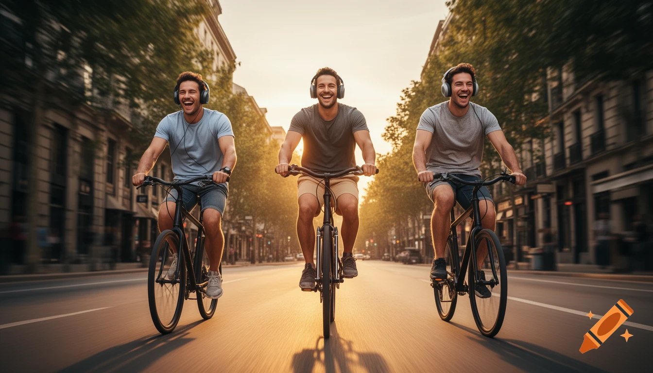 Three laughing men on bicycles ride down a sunlit city street with motion blur, wearing headphones and casual summer clothes.