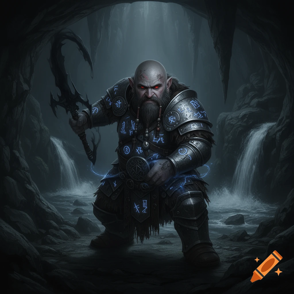 A bald, bearded Duergar in ornate armor with glowing blue runes and red eyes, holding an axe in a dark cave with waterfalls.