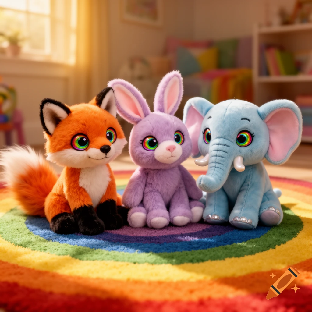 Three colorful animal plushies, a fox, a bunny, and an elephant, with swirly rainbow eyes, sitting on a rainbow rug in a sunlit room.