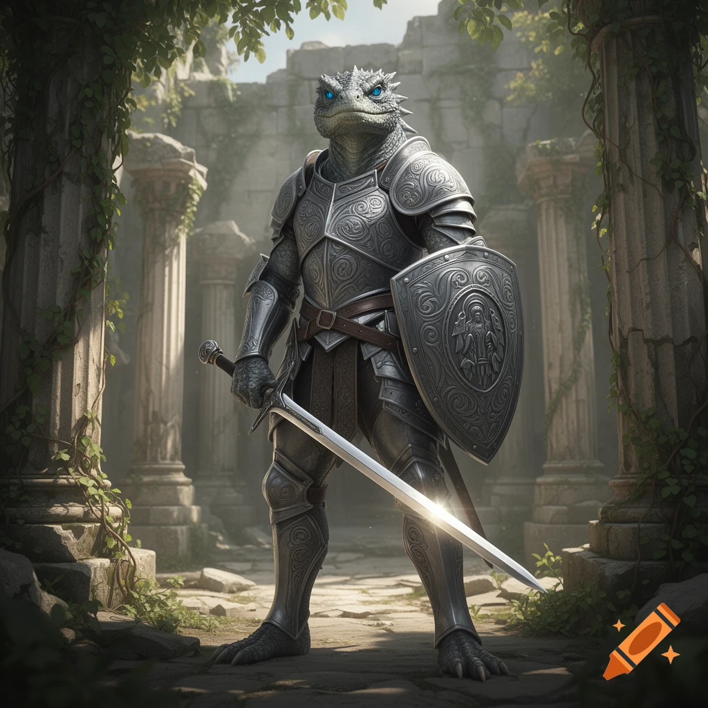 A photorealistic gray-skinned lizard man in ornate silver armor stands in ancient ruins, holding a sword and shield.