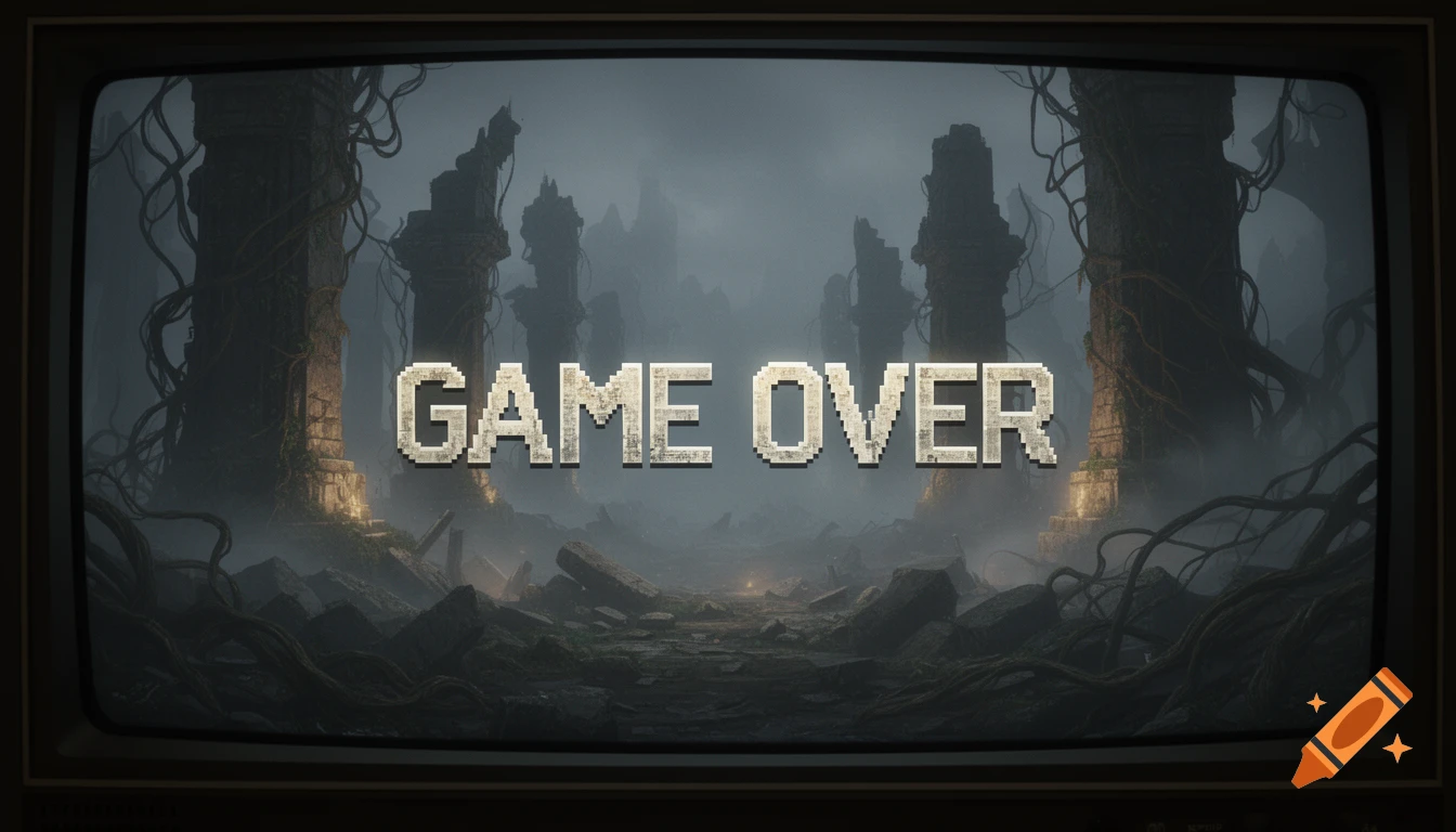 A retro TV screen displays pixelated 'GAME OVER' text over a dark, ruined fantasy landscape.