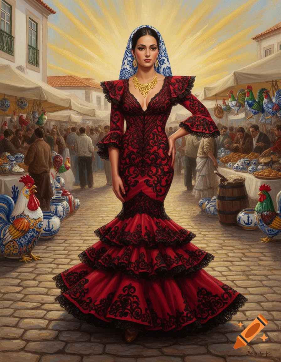 Realism painting of a Portuguese woman in an ornate red and black dress, gold necklace, and blue headscarf at a vibrant market.