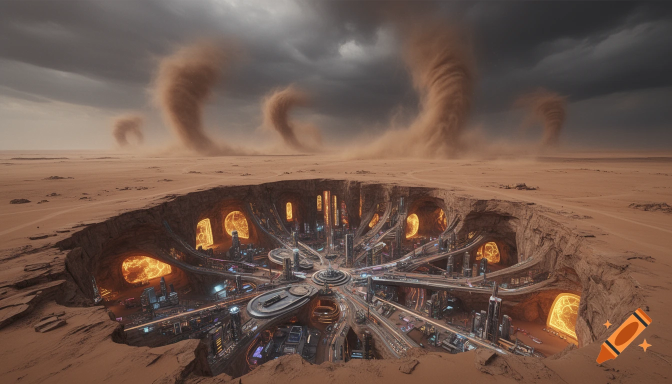 A futuristic underground city nestled in a large crater in a vast desert, with huge sand tornadoes looming under a stormy sky.