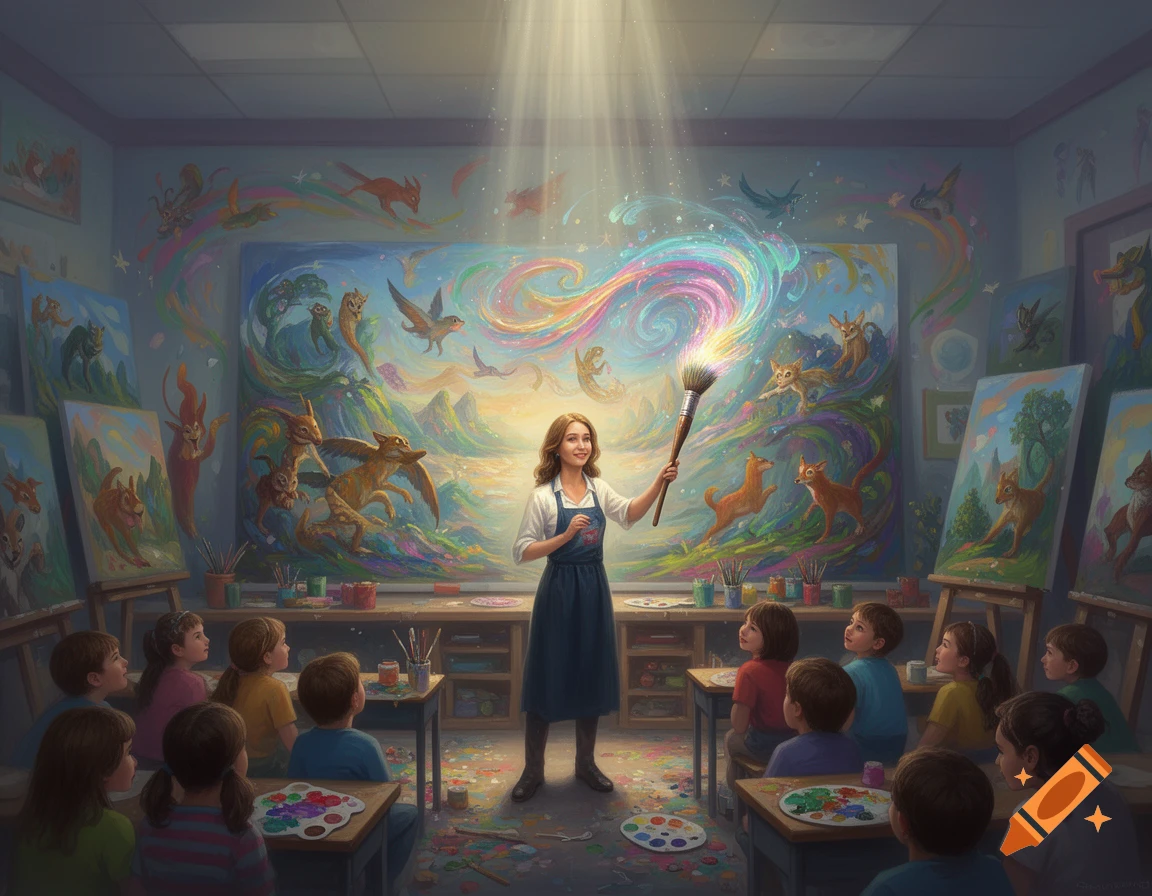 A female art teacher holds a glowing magic paintbrush, teaching children in a vibrant classroom filled with whimsical animal paintings.