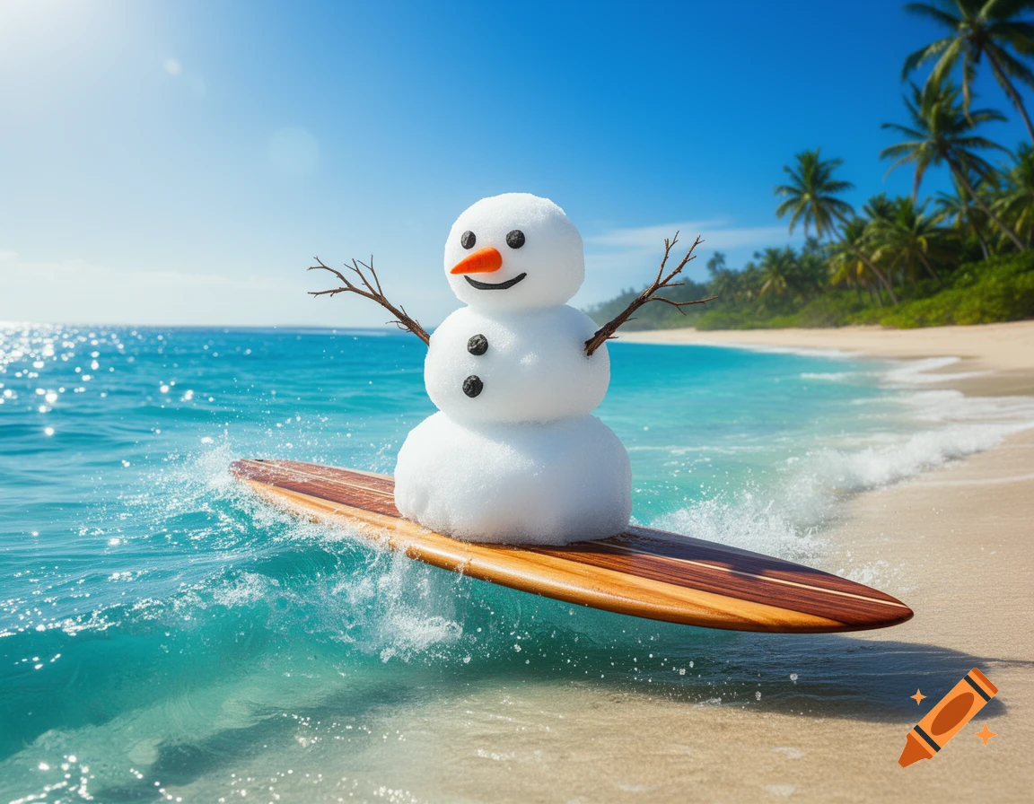 A smiling snowman with branch arms surfs on a wooden board in the clear blue ocean next to a sunny tropical beach with palm trees.