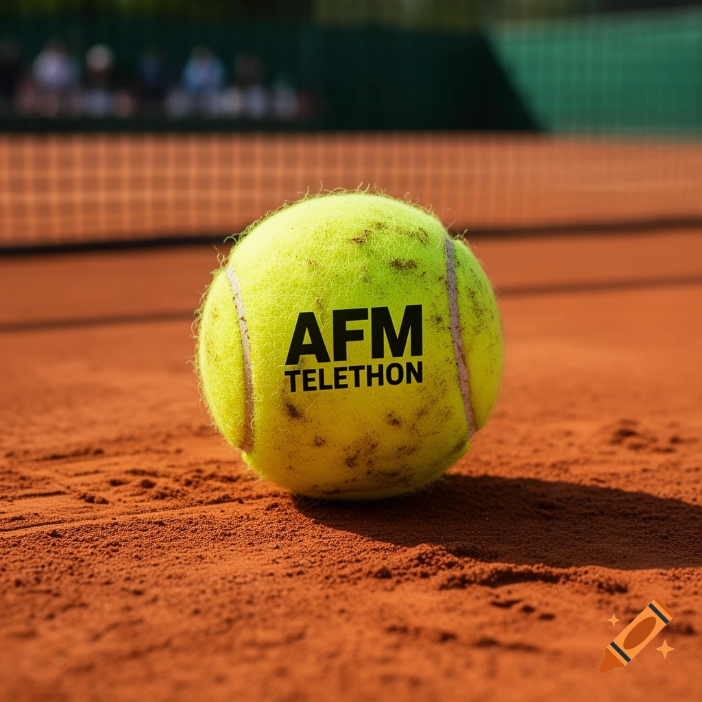 A photorealistic close-up of a tennis ball with 'AFM TELETHON' printed on it, resting on a red clay court.