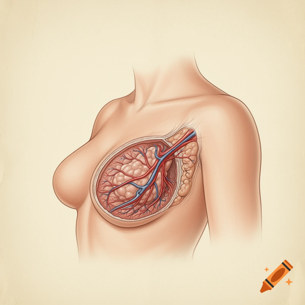 Anatomical illustration of a female breast showing internal structures including mammary glands, arteries, and veins.