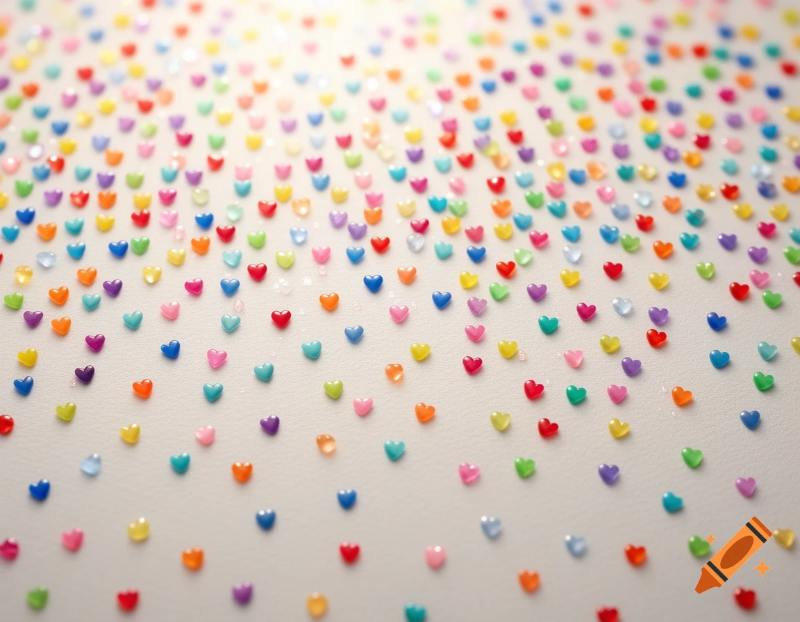 Numerous tiny, translucent hearts in various colors like red, orange, yellow, green, blue, and purple are scattered across a light background.