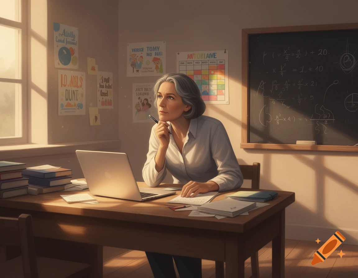 A thoughtful gray-haired teacher sits at a desk with a laptop and books in a sunlit classroom, holding a pen.