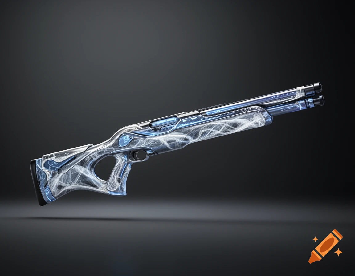 A futuristic shotgun with a glowing white and blue, ghostly design, set against a dark background.