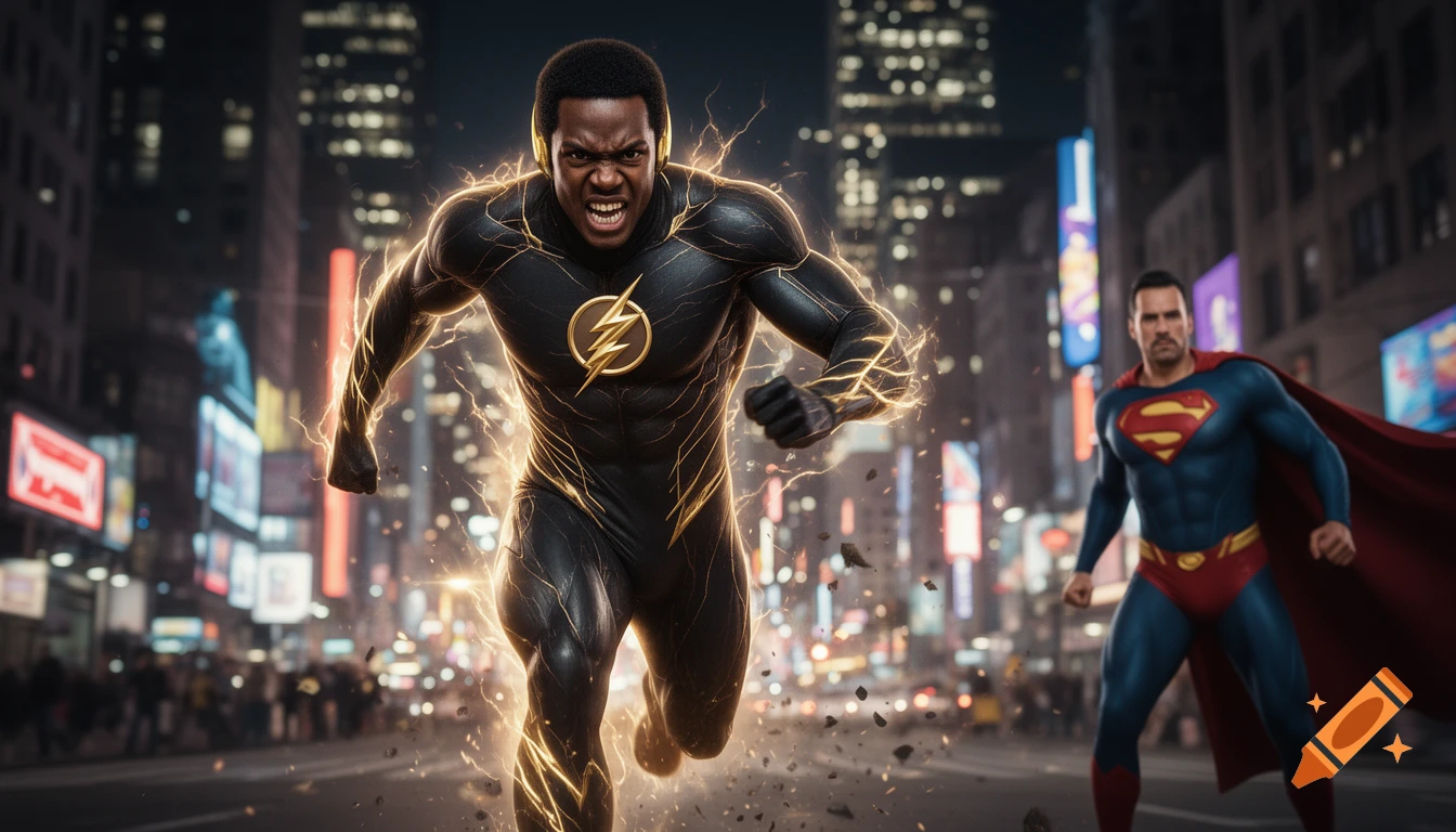 A muscular African-American Flash running intensely with gold lightning effects, passing a stern Superman in a bustling New York City street at night.