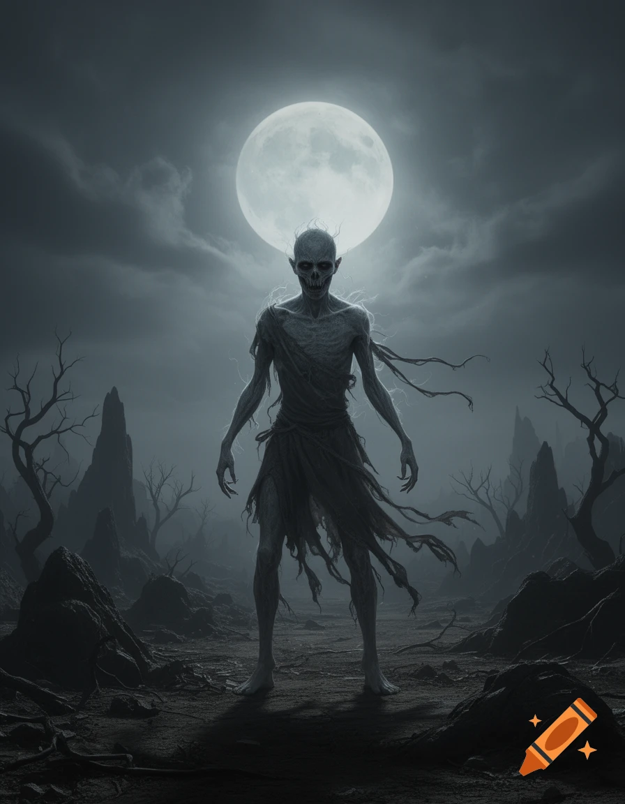 A gaunt, ghoulish figure with gray skin and tattered clothes stands under a full moon in a desolate, rocky landscape.