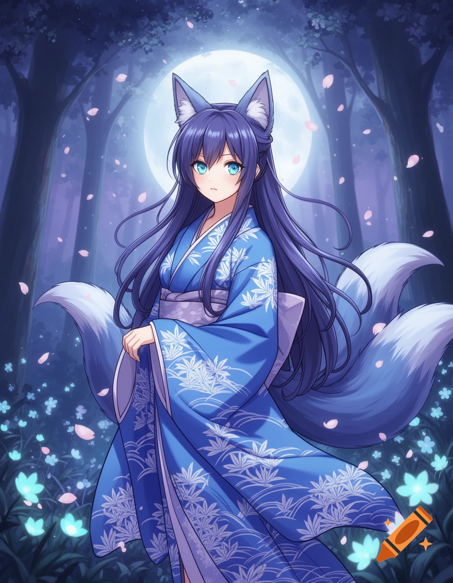 Anime fox girl with blue hair, ears, and multiple tails, wearing a blue kimono, in a magical forest at night under a full moon.