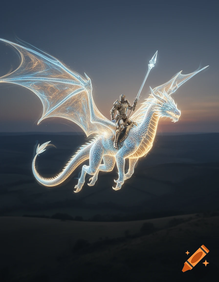 An ethereal knight in armor rides a glowing, light-formed dragon through a dusk sky over rolling hills, holding a spear.