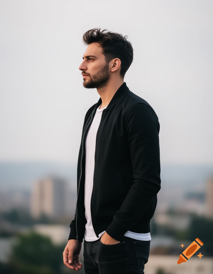 A man with a beard and dark hair, wearing a black bomber jacket and white t-shirt, looks left with a city in the blurred background.
