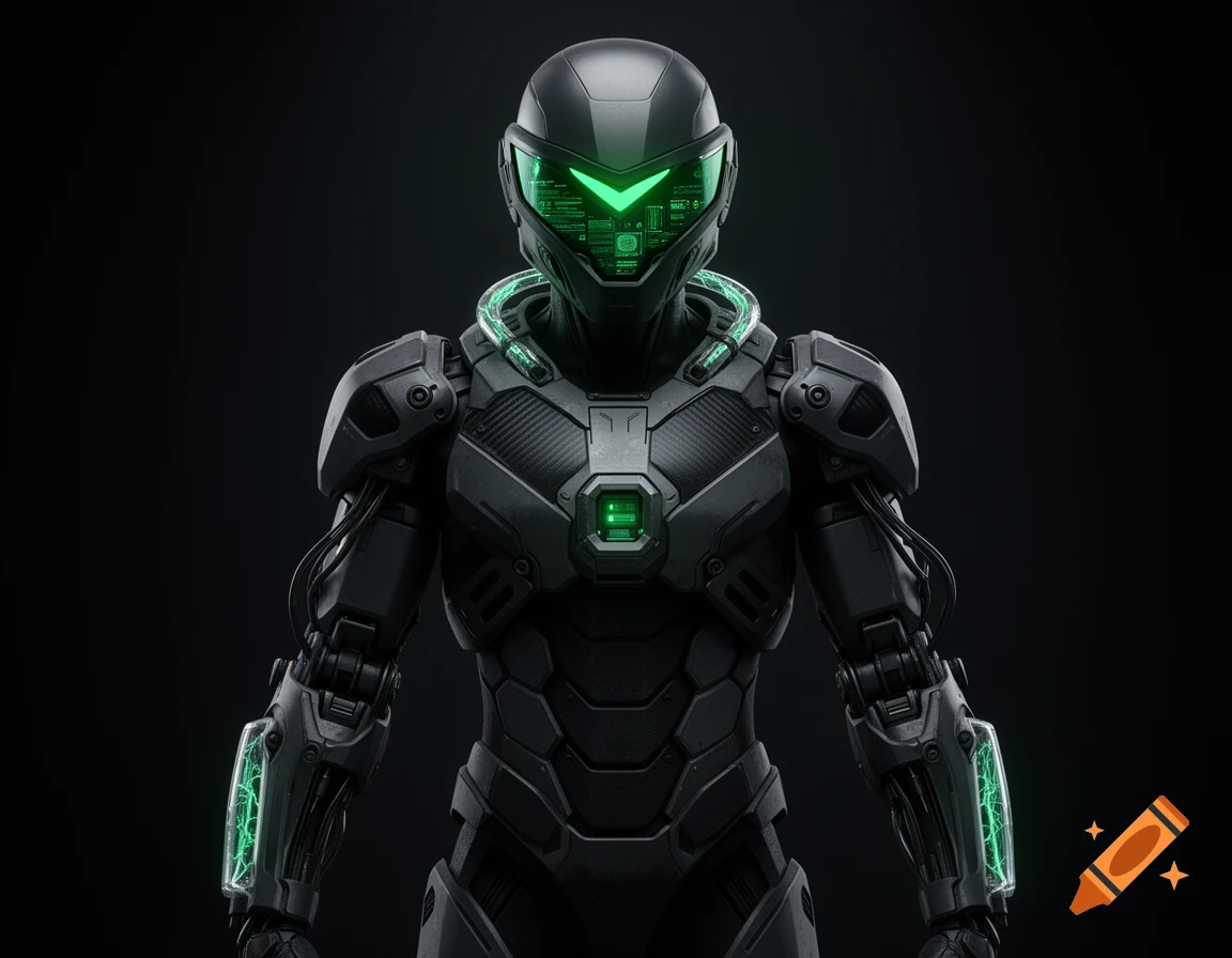 A dark, sleek military exoskeleton suit with glowing emerald green V-shaped visor and chest power core, featuring visible micro-tubes on the forearms.