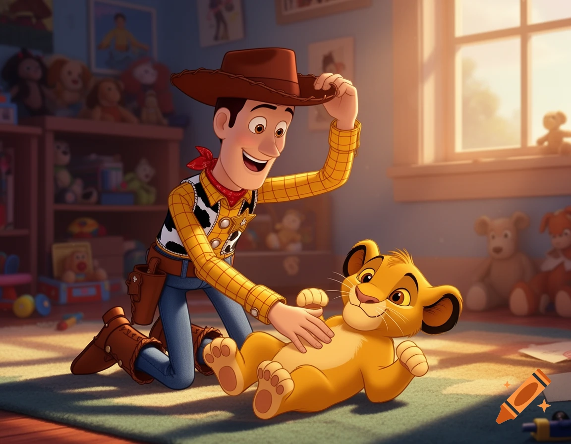 Sheriff Woody tickles young Simba's belly in a bright child's room with toys, 2D cartoon style.