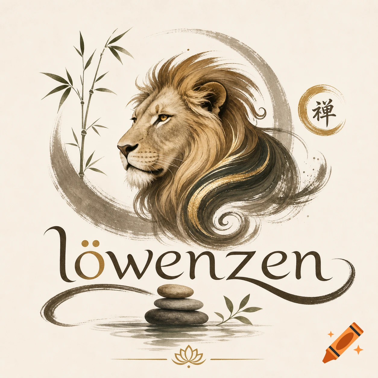 Stylized watercolor logo with a lion's head, bamboo, stacked stones, lotus, and "löwenzen" text, representing Zen art.