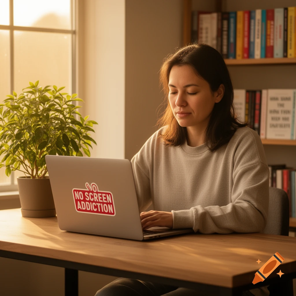 Woman typing on a laptop with a 'NO SCREEN ADDICTION' sticker at a desk by a window, warm light.