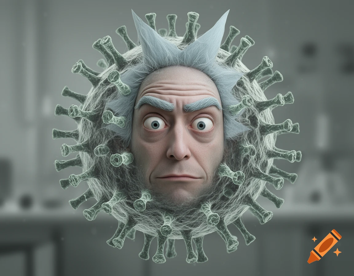 3D render of Rick Sanchez's face with spiky grey hair, integrated into a green virus particle.