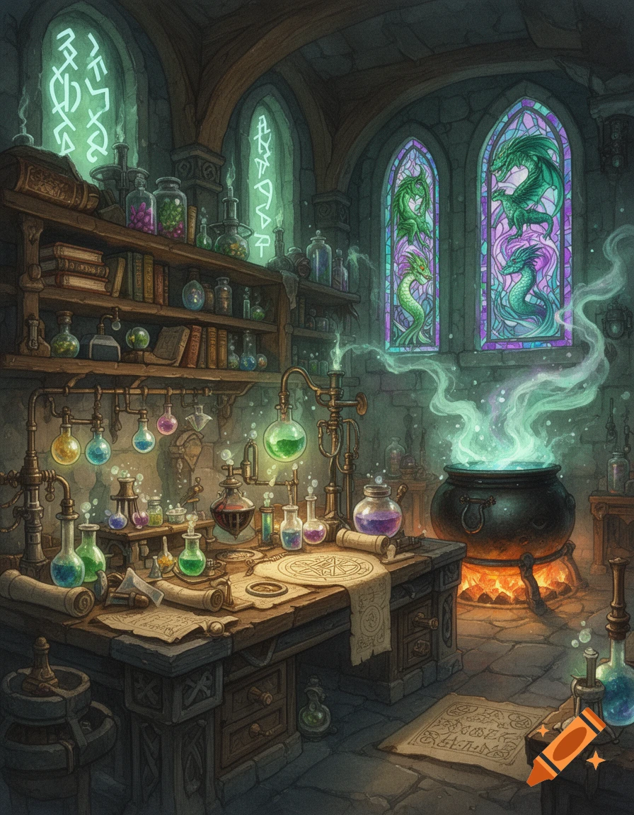 A mystical alchemist's laboratory with glowing potions, a bubbling cauldron, ornate scrolls, and stained glass windows depicting dragons.
