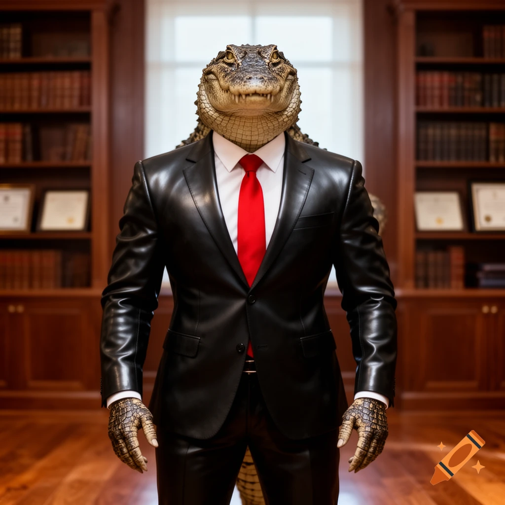 Photorealistic anthropomorphic crocodile in a black suit, white shirt, and red tie, standing in a library.
