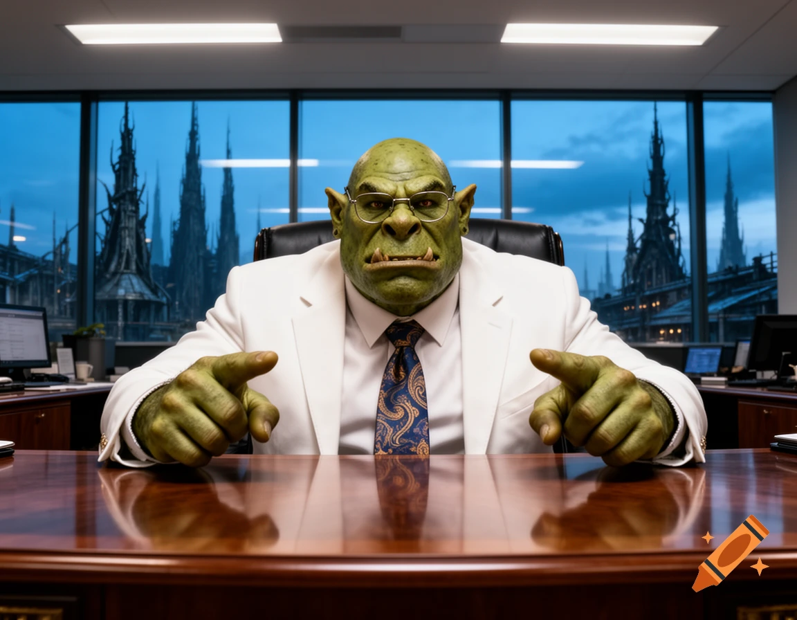 A green-skinned orc in a white suit, tie, and glasses sits at an office desk, pointing forward, with a dark, futuristic cityscape outside the window.