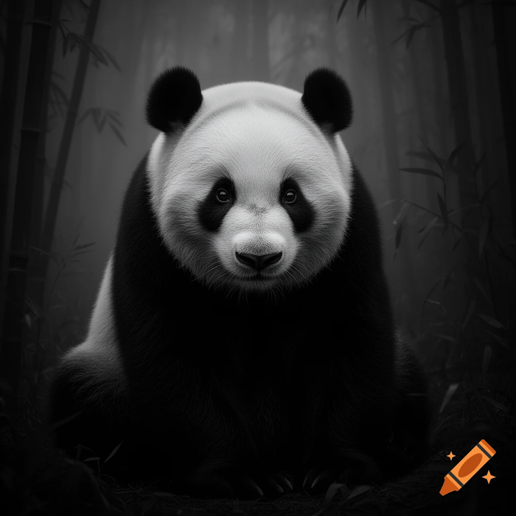 A close-up, black and white portrait of a large panda looking directly forward in a dark bamboo forest.